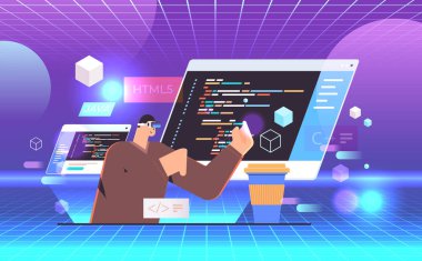 Sanal gerçeklik gözlüklerindeki programcı bilgisayar uygulaması mühendisliği yazılım kodlaması vr görme kulaklığı yenilik kavramı yatay vektör çizimi
