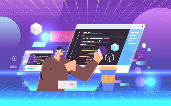 Programador Gafas Realidad Virtual Escribir Código Para Aplicación Informática Software — Archivo Imágenes Vectoriales