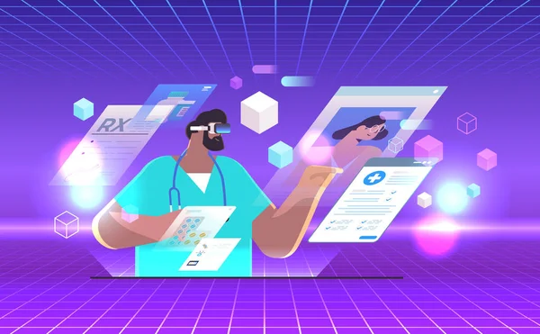 Médecin Uniforme Travaillant Avec Des Écrans Virtuels Données Médicales Médecine — Image vectorielle