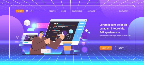 Programmer Virtual Reality Glasses Writing Code Computer App Engineering Software — Stock vektor