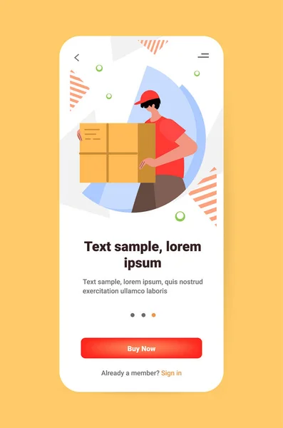 Deliveryman Holding Cardboard Box Courier Carrying Parcel Online Express Delivery — Stok Vektör