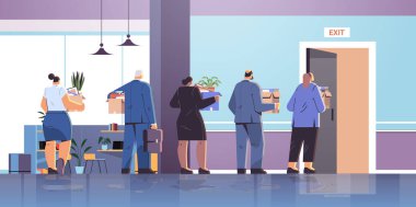 unhappy fired employees or businesspeople leaving office open door exit dismissal unemployment jobless employee job reduction concept horizontal full length vector illustration