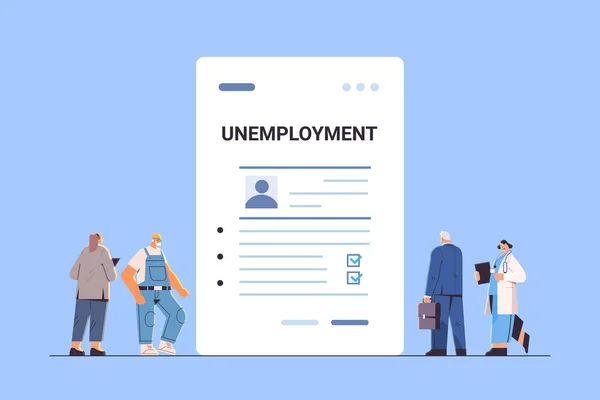 Menschen Aus Verschiedenen Berufen Füllen Arbeitslosengeld Formular Arbeitnehmer Entschädigung Papierarbeit — Stockvektor