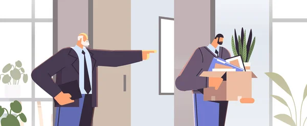 Angry Boss Dismisses Employee Fired Businessman Cardboard Box Dismissal Unemployment — ストックベクタ