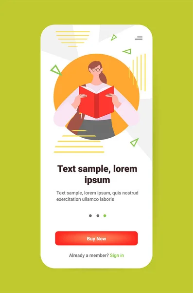 Woman Reading Book Self Education Distance Studying Literature Fan Concept — Stok Vektör