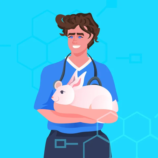 Scientist Veterinary Worker Doing Experiments Lab Experimental Rabbit Biological Genetic — Stock Vector