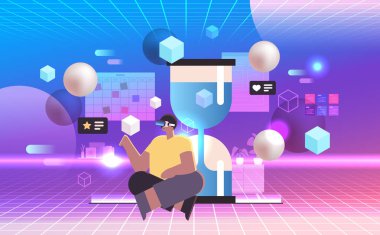 african american businessman in virtual reality glasses working or studying on laptop near hourglass deadline efficiency vr vision headset innovation metaverse concept horizontal full length vector