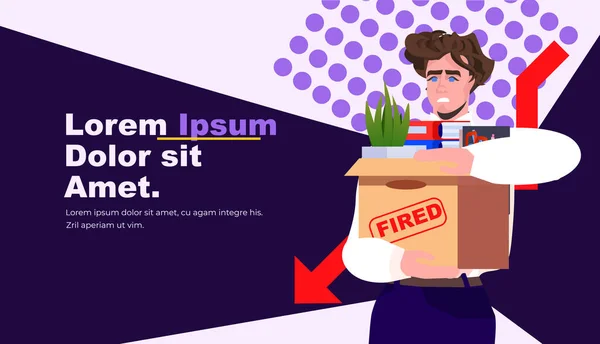 Unhappy Business Man Holding Cardboard Box Things You Fired Dismissal — ストックベクタ