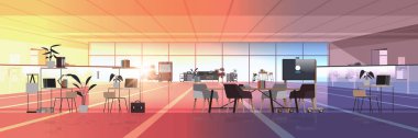Modern iş merkezi ofis içi içi boş mobilya günbatımı arka plan yatay vektör ilüstrasyonlu hiç kimse uzay dolabı odasını açmıyor