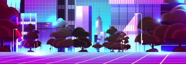 Neon kentsel kent sokak görüntüsü VR gözlükleriyle mega şehir binaları dış metaverse sanal gerçeklik teknolojisi konsepti şehir manzarası yatay vektör çizimi