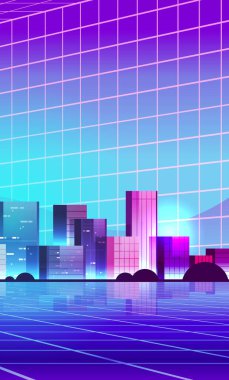 neon urban town street view through VR glasses mega city building houses exterior metaverse virtual reality technology concept cityscape background vertical vector illustration