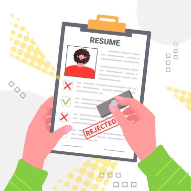 cv portfolio of job candidate resume with stamp rejected recruitment hiring unemployment concept vector illustration