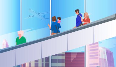 People passengers moving escalator staircase at airport hall departure terminal interior horizontal vector illustration