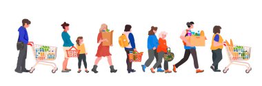 Alışveriş arabalı müşteriler perakende satış mağazasında kasiyer kuyruğunda büyük market alışverişi konsepti yatay tam boy vektör illüstrasyonu