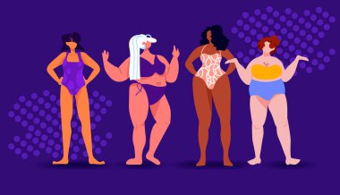 Farklı boy ve boyda ırk kadınlarının bir arada durması vücut konseptini tam boy yatay vektör illüstrasyonunu çok seviyor.