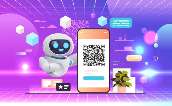 Modern Robot Scanning Code Smartphone Screen Readable Barcode Verification Artificial — 스톡 벡터