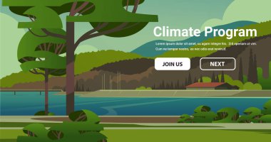 little house beside the lake in forest climate program concept horizontal copy space vector illustration