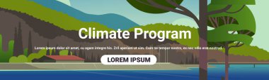 little house beside the lake in forest climate program concept horizontal copy space vector illustration
