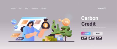 carbon credit concept businesswoman holding money sack responsibility of co2 emission environment strategy sustainable ESG development horizontal copy space vector illustration