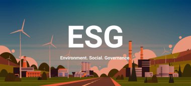 Wind turbines energy renewable station CO2 limit emissions carbon credit offset sustainable ESG development horizontal vector illustration