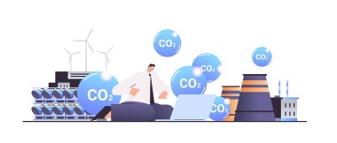 businessman working on laptop carbon credit concept responsibility of co2 emission environment strategy sustainable ESG development horizontal vector illustration