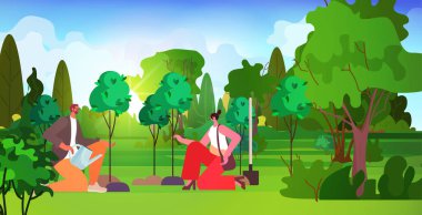 people watering trees CO2 limit emissions idea net zero emission carbon credit offset eco factory environmental conservation concept horizontal vector illustration