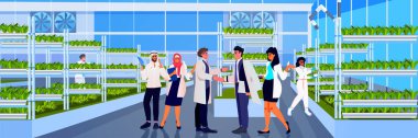 scientists team examining green plants in lab responsibility of co2 emission environmental conservation sustainable ESG development horizontal vector illustration