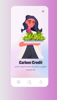 carbon credit concept woman holding green plants responsibility of co2 emission environmental conservation sustainable ESG development vertical copy space vector illustration