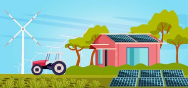 tractor on field with wind turbines energy renewable station waste free world clean power carbon credit concept horizontal vector illustration