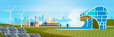 Hydroelectric station wind turbines and solar panels waste free world clean power renewable energy sources concept horizontal vector illustration