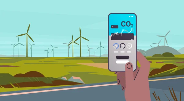 Hand Using Carbon Credits Mobile App Smartphone Screen Responsibility Co2 — 스톡 벡터