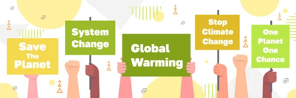 Carbon Credit Campaign Concept Hands Holding Stop Climate Change Banners — Vector de stock