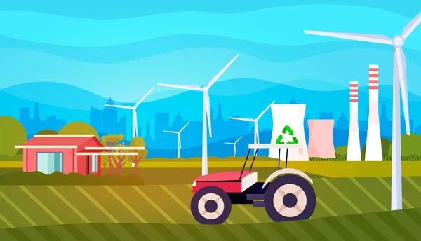 Tractor Field Wind Turbines Energy Renewable Station Waste Free World — Stok Vektör