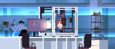 researcher prints heart model on 3d bio printer medical printing of human transplantation organ biological engineering bioprinting concept horizontal vector illustration