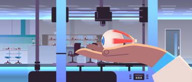 researcher hand holding eyeball model printed on 3d bio printer medical printing of human transplantation organ biological engineering bioprinting concept horizontal vector illustration