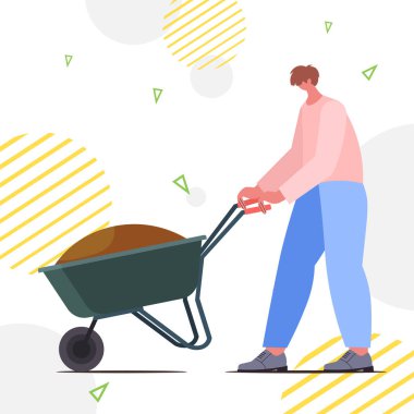 man pushing wheelbarrow protect nature volunteering charity social gardening concept full length vector illustration
