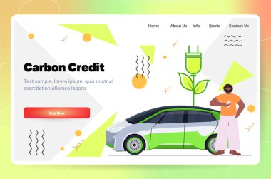 man charging electric car eco friendly vehicle carbon credit concept co2 emission environment strategy horizontal copy space vector illustration