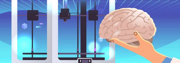 Ερευνητής Χέρι Κρατώντας Μοντέλο Του Εγκεφάλου Τυπωμένο Βιο Εκτυπωτή Ιατρική — Διανυσματικό Αρχείο