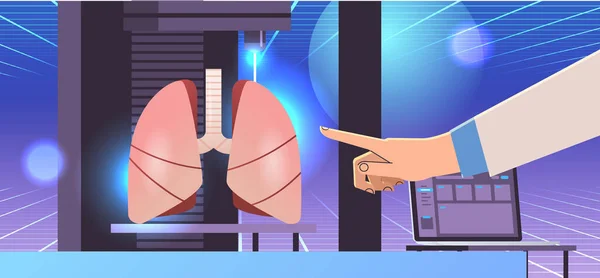 Researcher Hand Pointing Lungs Model Printed Bio Printer Medical Printing — 图库矢量图片