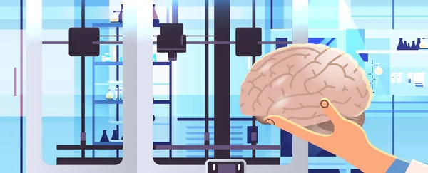 Ερευνητής Χέρι Κρατώντας Μοντέλο Του Εγκεφάλου Τυπωμένο Βιο Εκτυπωτή Ιατρική — Διανυσματικό Αρχείο