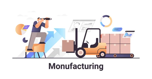 Businessman Looking Binocular Forklift Cardboard Box Carbon Credit Manufacturing Concept — Vector de stock