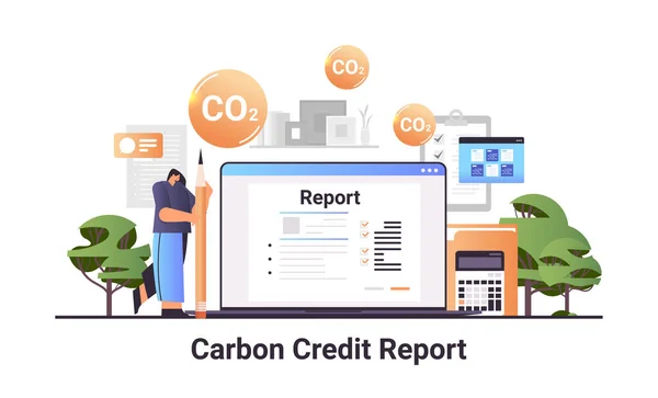 Businesswoman Making Carbon Credit Report Laptop Screen Responsibility Co2 Emission — Stock vektor