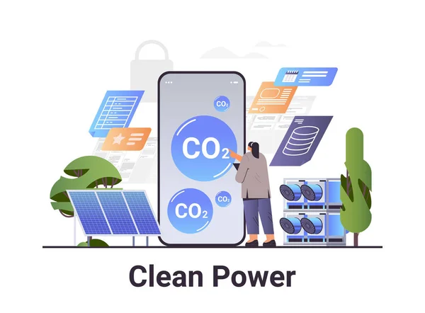 Businesswoman Analyzing Clean Power Smartphone Carbon Credit Concept Responsibility Co2 — Stockvektor