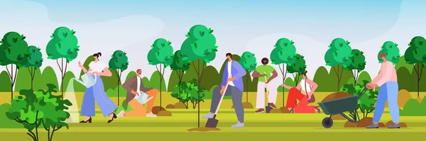 People Watering Planting Trees Park Co2 Limit Emissions Idea Volunteering — Archivo Imágenes Vectoriales