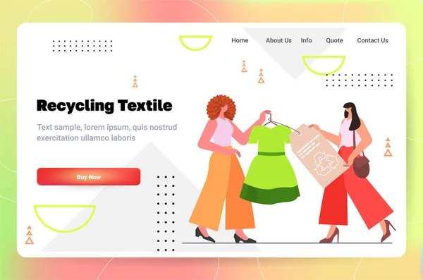 Girls Choosing Recycled Eco Sustainable Textile Responsible Materials Clothes Environmental — Stok Vektör