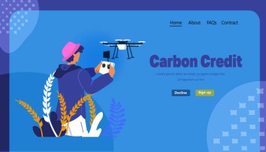 man controlling air drone with wireless remote controller carbon credit responsibility of co2 emission environmental conservation horizontal vector illustration