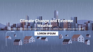 Natural disaster catastrophe storm buildings flood by big rising water levels submerge house as heavy monsoon rains climate change concept horizontal copy space vector illustration