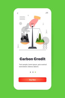 hand holding factory and green plants on scales CO2 limit emissions idea net zero emission carbon credit offset eco factory environmental conservation concept vertical copy space vector illustration