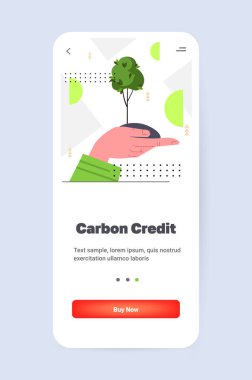 hand holding green tree CO2 limit emissions idea net zero emission carbon credit offset eco factory environmental conservation concept vertical copy space vector illustration