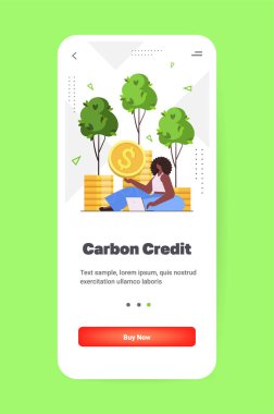 carbon credit concept woman holding golden coins responsibility of co2 emission environmental conservation sustainable ESG development vertical copy space vector illustration